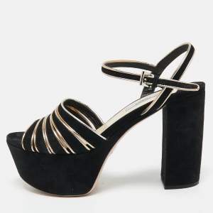 Prada Black/Gold Suede And Leather Open Toe Ankle Strap Platform Sandals Size 38.5