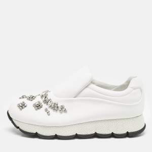 Prada White Nylon Crystal Embellished Slip On Sneakers Size 38.5