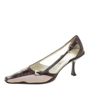 Pre Owned Prada Two Tone Leather Pointed Toe Kitten Heel Pumps Size 37.5