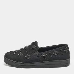 Prada Black Felt Crystal Embellished Slip On Sneakers Size 39