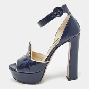 Prada Navy Blue Saffiano Patent Leather Ankle Strap Platform Sandals Size 38.5