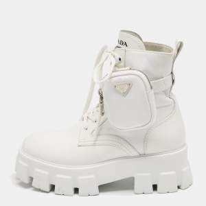 Prada White Leather and Nylon Monolith Combat Boots Size 38.5