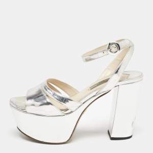 Prada Silver Leather Platform Ankle Strap Sandals Size 36.5