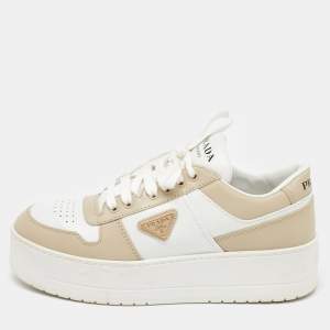 Prada White/Beige Leather Downtown Bold Platform Low Top Sneakers Size 39