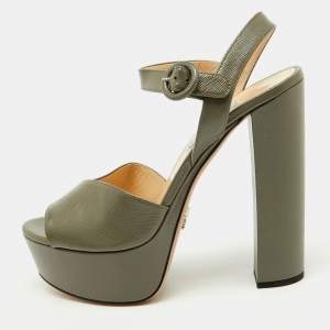 Pre Owned Prada Grey Saffiano Patent Leather Platform Ankle Strap Sandals Size 39