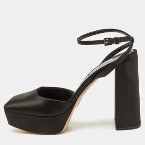 Prada Black Satin Square Toe Platform Ankle Strap Sandals Size 38.5