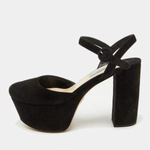 Prada Black Suede Round Toe Platform Ankle Strap Sandals Size 38.5