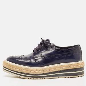 Prada Blue Brogue Leather Derby Lace Up Espadrille Sneakers Size 36