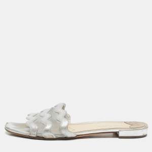 Prada Silver Leather and Mesh Flat Slides Size 40.5