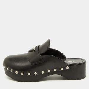 Prada Black Leather Triangle Logo Studded Platform Clogs Size 38