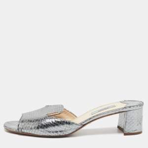Prada Silver Snakeskin Embossed Leather Slide Sandals Size 39