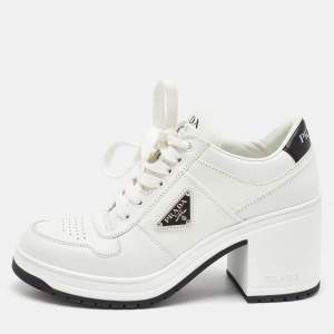 Prada White Leather Downtown High Heel Lace Up Pump Sneakers Size 39