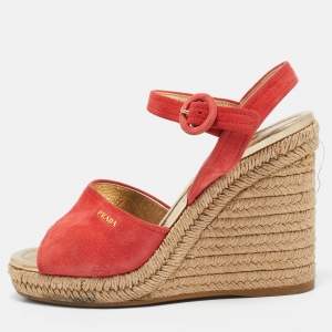 Pre Owned Prada Red Suede Espadrille Peep Toe Wedge Sandals Size 38