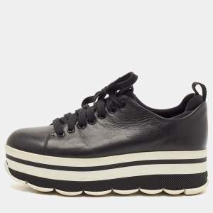 Prada Black Leather Platform Lace Up Sneakers Size 38