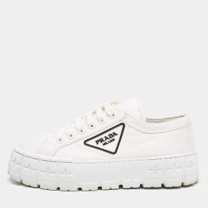 Prada White Canvas Cassetta Lace Up Sneakers Size 38