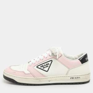Prada White/Pink Leather Low Top Sneakers Size 38
