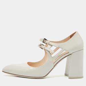 Prada Grey Leather Mary Jane Pumps Size 38.5
