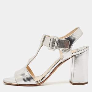 Prada Silver Leather Block Heel T-Strap Sandals Size 39