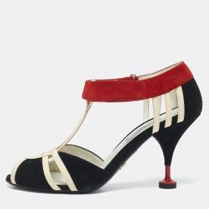 Prada Tricolor Leather and Suede Strappy Peep Toe Sandals Size 37.5