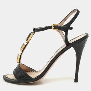 Prada Black Python Embellished Ankle Strap Sandals Size 40