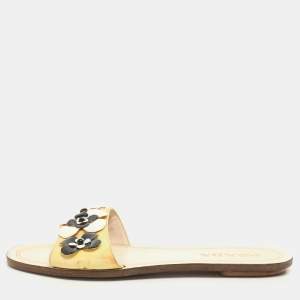 Prada Cream Patent Saffiano Leather Embellished Flats Size 36