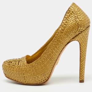 Prada Metallic Gold Woven Leather Madras Platform Pumps Size 38