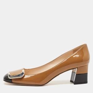 Prada Black/Beige Patent Leather Buckle Block Heel Pumps Size 38.5