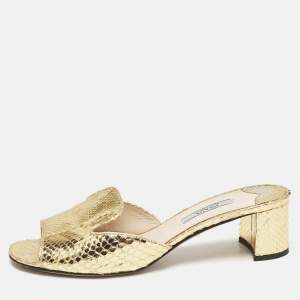 Prada Gold Python Embossed Leather Slide Sandals Size 37