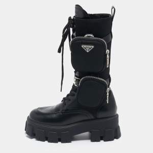 Prada Black Leather and Nylon Monolith Chunky Mid Calf Boots Size 37