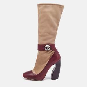 Prada Beige/Burgundy Leather Mid Calf Boots Size 39