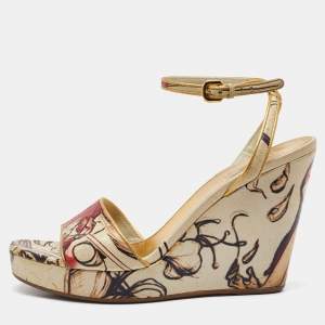 Prada Multicolor Fairy Print Leather Ankle Strap Platform Wedge Sandals Size 39.5