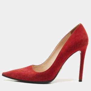 Prada Red Suede Pointed Toe Pumps Size 37.5