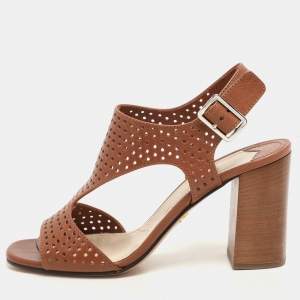 Prada Brown Perforated Leather Ankle Strap Sandals Size 38