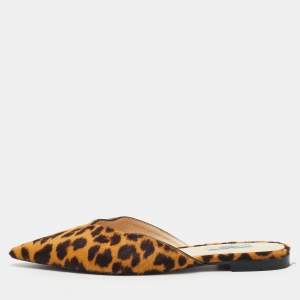 Prada Brown Leopard Print Calf Hair Flat Slide Mules Size 39.5