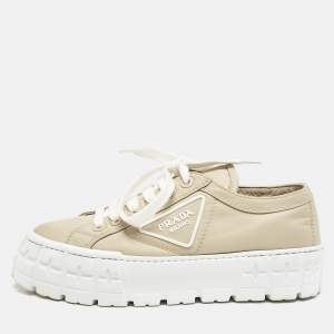 Pre Owned Prada Beige Nylon Gabardine Double Wheel Low Top Sneakers Size 37.5