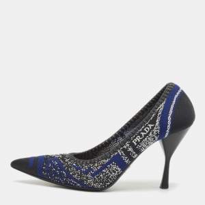 Prada Navy Blue/Black Printed Knit Fabric Pointed Toe Pumps Size 37.5