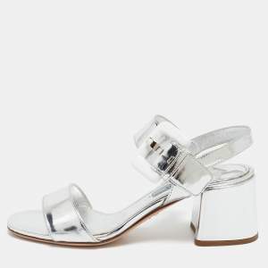 Prada Silver Leather Ankle Strap Sandals Size 36