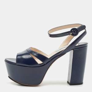 Prada Navy Blue Patent Leather Ankle Strap Platform Sandals Size 36