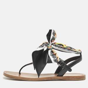 Prada Black Saffiano Leather T-Strap Ribbon Flat Sandals Size 40