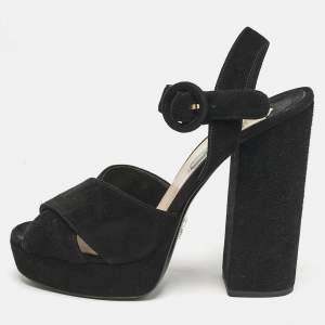 Prada Black Suede Ankle Strap Block Heel Platform Sandals Size 38