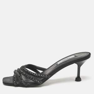 Prada Black Satin  Crystal Embellished Slide Sandals Size 36