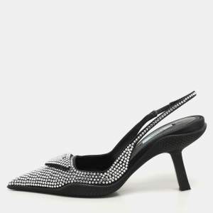 Prada Black Satin Crystal Embellished Pointed Toe Slingback Pumps 36.5