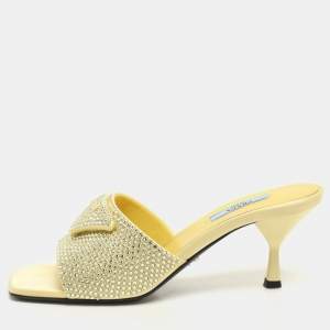 Prada Yellow Crystal Embellished Satin Logo Slide Sandals Size 37