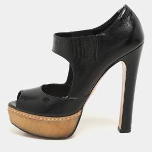 Prada Black Crackled Leather Mary Jane Platform Pumps Size 36.5