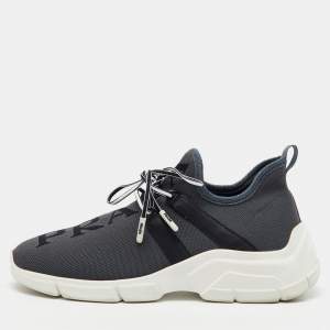 Prada Grey/Black Knit Fabric and Leather Logo Print Low Top Sneakers Size 36