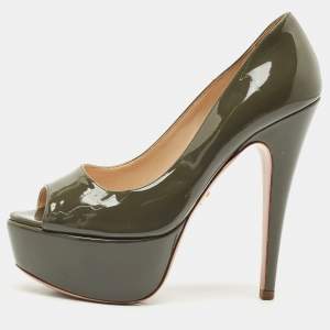 Prada Olive Green Patent Leather Peep Toe Platform Pumps Size 36.5