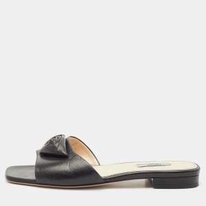 Pre Owned Prada Black Leather Triangle Flower Flat Slide Sandals Size 40