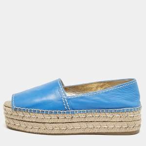 Prada Blue Leather Open Toe Platform Espadrilles Size 39