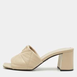 Prada Beige Quilted Leather Logo Slide Sandals Size 38.5