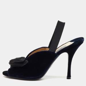 Prada Navy Blue/Black Velvet Bow Slingback Sandals Size 39